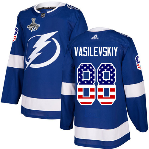 Men Adidas Tampa Bay Lightning #88 Andrei Vasilevskiy Blue Home Authentic USA Flag 2020 Stanley Cup Champions Stitched NHL Jersey